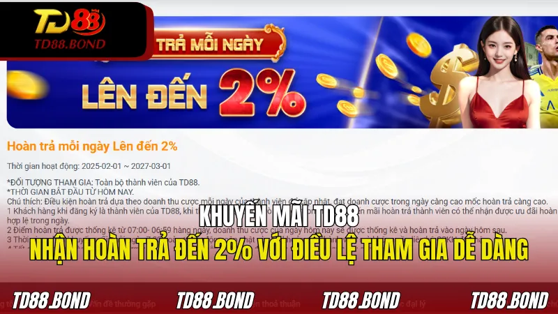 Khuyến mãi mới nhất TD88 nhận hoàn trả đến 2% với điều lệ tham gia dễ dàng